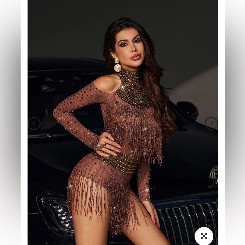 Mew Mews — Safa Rhinestone Glitter Fringe Bodysuit - Picture 4 of 6